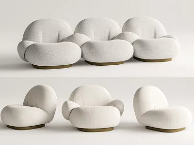 Modern White Rounded Upholstered Sofa Set With Curved Design And Soft Fabric 3d model
