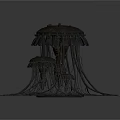 Two Metallic Jellyfish Like Structures With Hanging Tentacles And Circular Bases