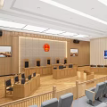 Spacious Courtroom Interior Featuring Rows of Seats Two Desks with Computers and Back Wall Emblem