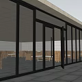Modern Building Exterior With Glass Doors Windows And Outdoor Terrace Wicker Chairs Gray Tile Floor