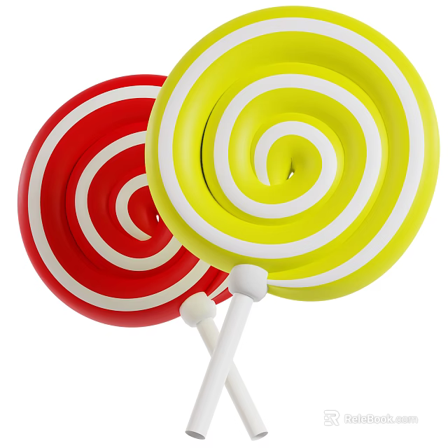 Vibrant Red and Yellow Swirl Lollipops with White Stripes on White Sticks 3d model 