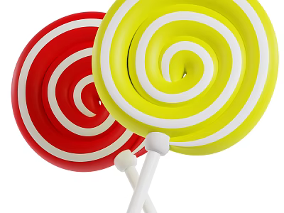 Vibrant Red and Yellow Swirl Lollipops with White Stripes on White Sticks 3d model
