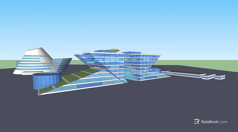Contemporary Office Building Featuring Glass Curtain Wall Geometric Architecture And Green Roof 3d model 