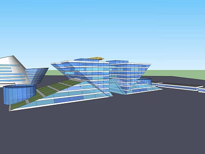 Contemporary Office Building Featuring Glass Curtain Wall Geometric Architecture And Green Roof 3d model
