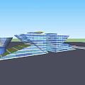 Contemporary Office Building Featuring Glass Curtain Wall Geometric Architecture And Green Roof