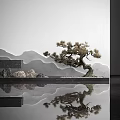 Zen Garden Ornament With Pine Bonsai Mountain Backdrop Stones Water Basin And Reflection