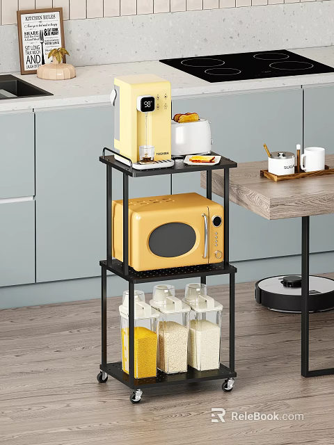 Practical Kitchen Storage Stand With Household Appliances Microwave Coffee Maker And Jars 3d model 