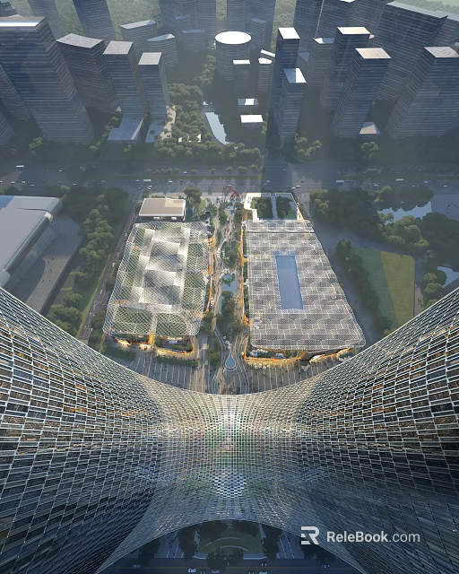 Aerial View of Twin Modern Office Buildings with Solar Panels Greenery and Water Features 3d model 