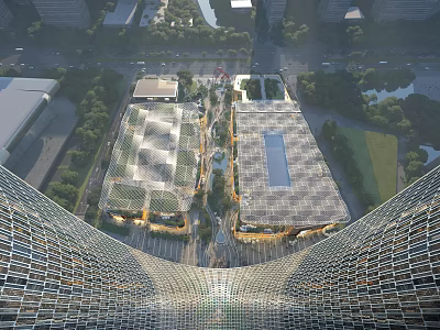 Aerial View of Twin Modern Office Buildings with Solar Panels Greenery and Water Features 3d model