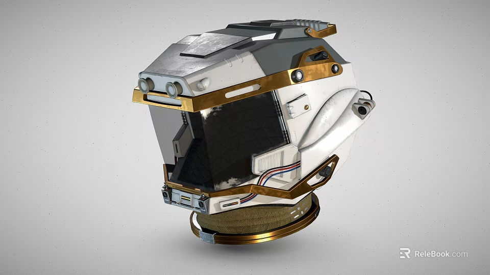 Futuristic Sci Fi Helmet Design With White And Gold Metallic Finish Transparent Visor 3d model 