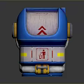 Blue Futuristic Device With Transparent Top Red Symbol And Yellow Accents On Metallic Base