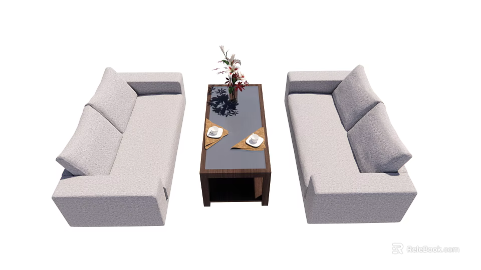 Gray Sofa And Coffee Table Set With Dark Table Vase And Plates 3d model