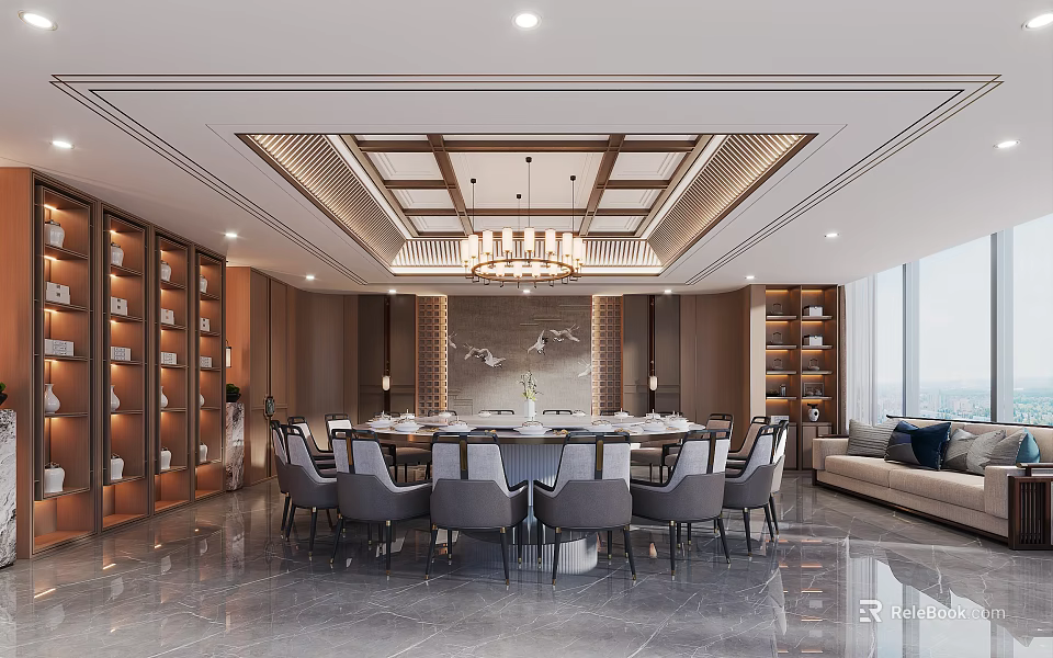 Luxury Private Dining Room With Chandelier Dining Table And Cabinets 3d model