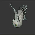 White Owl Sculpture With Spread Wings Black Patterns And Yellow Eyes On Dark Background