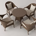 Rattan Round Table And Four Chairs Set With Light Colored Cushions 3d model