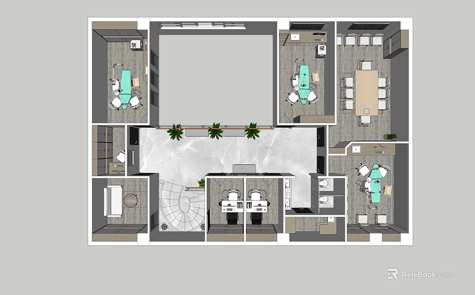 Residential House Floor Plan With Living Dining Kitchen Bedrooms Bathrooms Staircase And Plants 3d model 