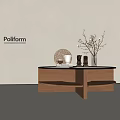 Modern Wooden Coffee Table With Decorative Ornament Glass Vase And Bottles On Light Grey Background