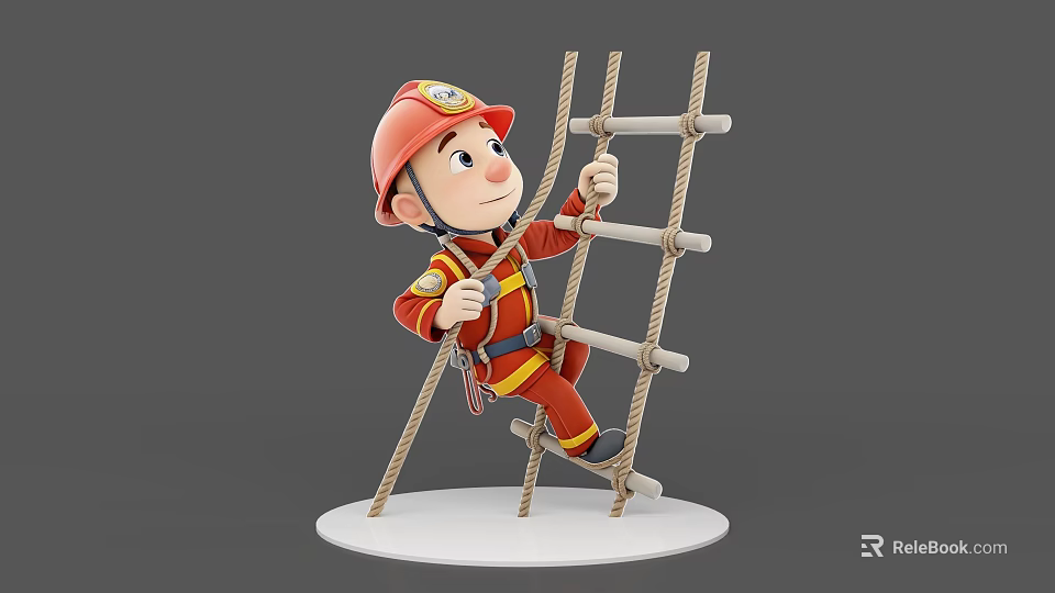 3D Cartoon Firefighter Game Character Climbing Rope Ladder With Red Helmet 3d model 