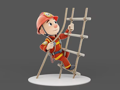 3D Cartoon Firefighter Game Character Climbing Rope Ladder With Red Helmet 3d model