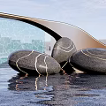 Stone Sculptures with Golden Lines in Water Against Modern Architecture and Sky Reflections