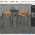Modern Industrial Bar Counter With Metal Frame And Orange Cushioned Stools