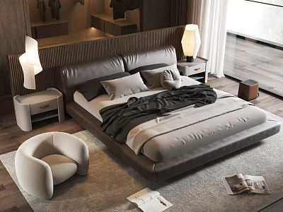 Modern Double Bed with Dark Headboard Bedside Tables Table Lamps and Gray Black Bedding 3d model