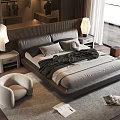 Modern Double Bed with Dark Headboard Bedside Tables Table Lamps and Gray Black Bedding