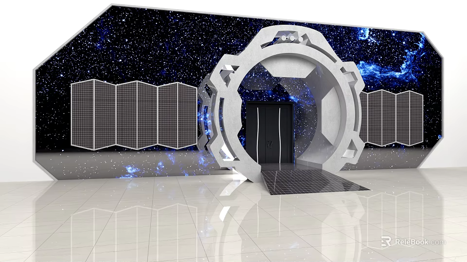 Mall Store Entrance With Circular Archway Starry Background And Solar Panel Decorations 3d model 