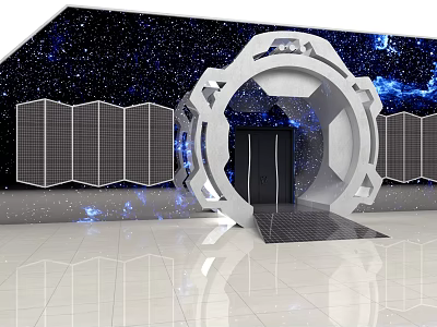 Mall Store Entrance With Circular Archway Starry Background And Solar Panel Decorations 3d model