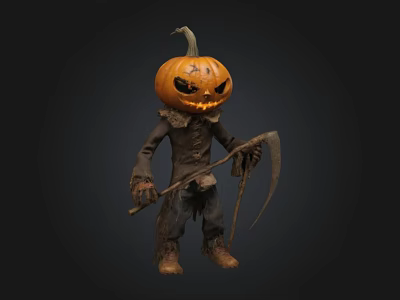 Pumpkin Head Scarecrow With Tattered Clothes Holding Scythe For Halloween 3d model