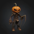 Pumpkin Head Scarecrow With Tattered Clothes Holding Scythe For Halloween
