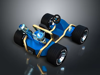 Blue Go Kart With Black Tires Gold Accents And Sporty Design 3d model