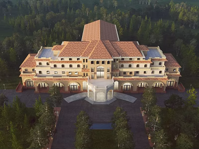 Birds Eye View Planning For Grand Red Roof Building Surrounded By Trees And Greenery 3d model