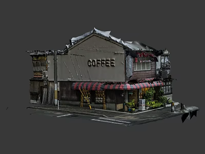 Cartoon Scene Of Old Style Two Story Coffee Shop With Red Striped Awning And Plants 3d model