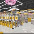Funny Bugs Themed Shopping Mall Store With Yellow Storefront Glass Doors And Product Displays