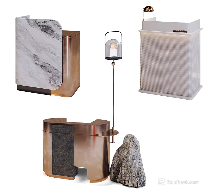Elegant Modern Reception Desk With Marble Counter Metal Frame Lamp And Decorative Stone 3d model 