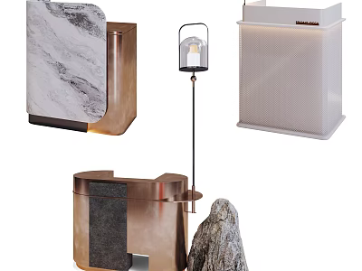 Elegant Modern Reception Desk With Marble Counter Metal Frame Lamp And Decorative Stone 3d model