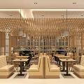 Modern Wooden Restaurant Interior Featuring Order Counter Seating Red Decorations And Gray Floor