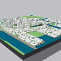 Urban City Model With White Buildings Water Areas And Green Spaces