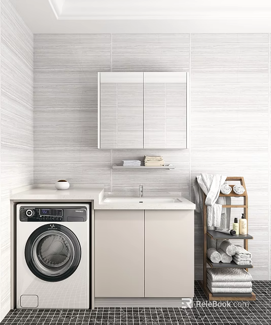 Modern Washbasin with Mirror Cabinet Gray Striped Tile Wall Washing Machine and Towel Rack 3d model 