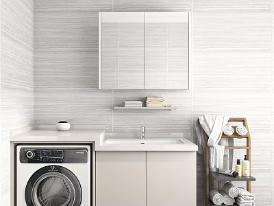Modern Washbasin with Mirror Cabinet Gray Striped Tile Wall Washing Machine and Towel Rack 3d model