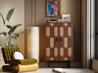 Modern Geometric Paneled Wooden Cabinet in Living Room with Green Armchair Plant and Wall Art 3d model