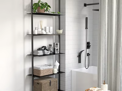 Modern Bathroom Interior With White Brick Wall Black Shelving Green Plant And Bathtub 3d model