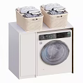White Washing Machine with Cabinet and Wicker Clothes Baskets in Modern Laundry Area