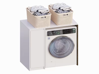 White Washing Machine with Cabinet and Wicker Clothes Baskets in Modern Laundry Area 3d model