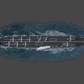 Military Aircraft Carrier Sailing On Blue Ocean With Smoking Stack And Flight Deck Runway