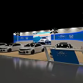 Ford Motor Show Booth Featuring White Cars Blue Backdrop Chairs And Lighting Fixtures