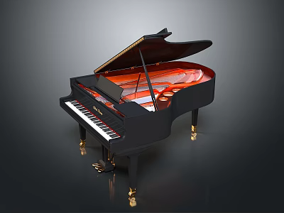 Elegant Black Grand Piano with Open Lid Red Interior and Gold Legs for Daily Life 3d model