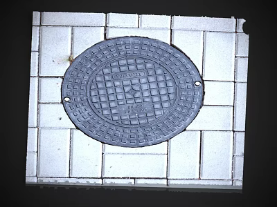 Round Gray Manhole Cover On Square Tiled Urban Pavement Surface 3d model