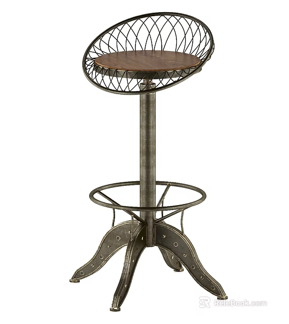 Industrial Style Bar Stool With Iron Frame Wooden Seat And Metal Footrest Design 3d model 